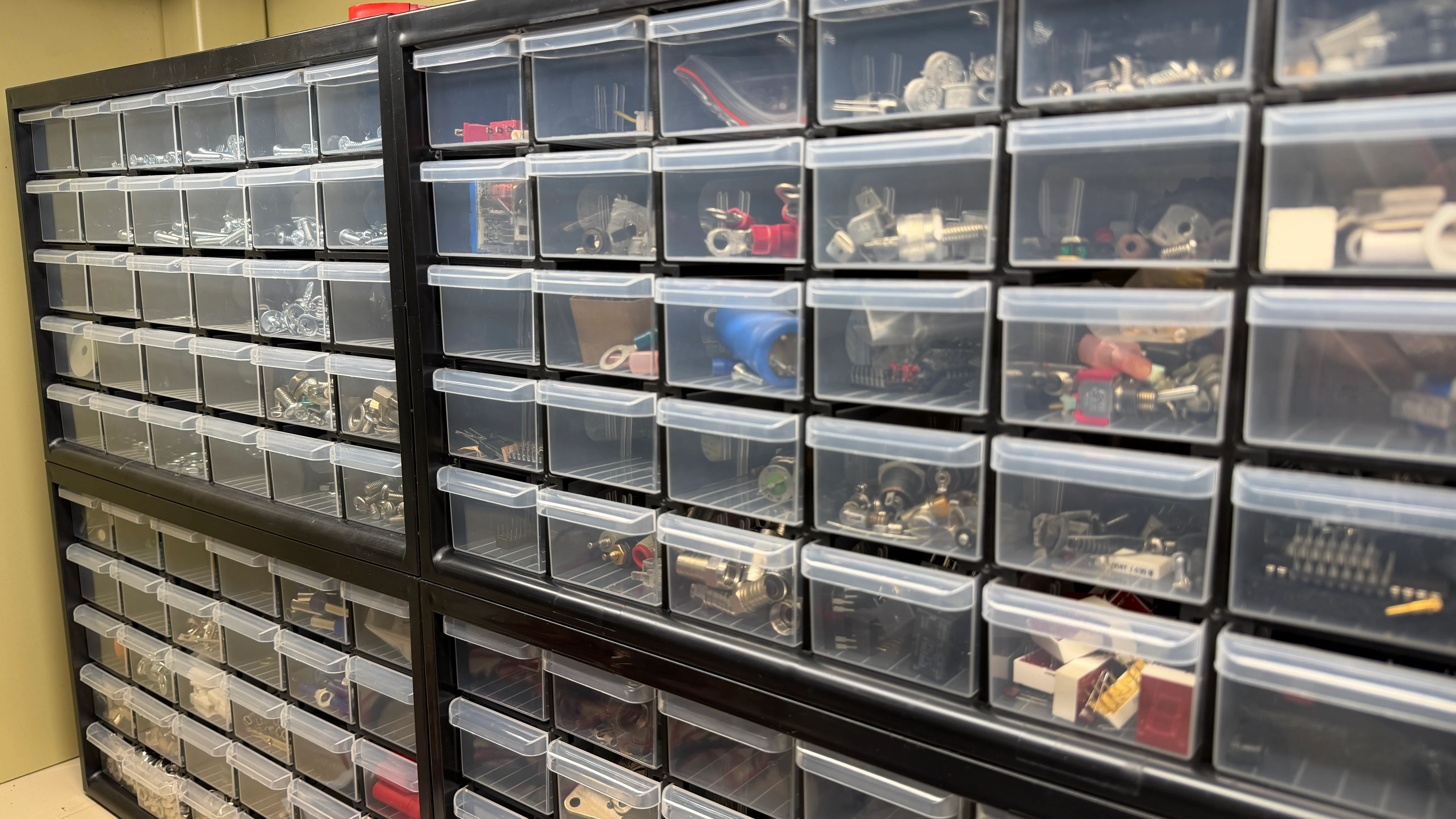 Our bins stocked with components for product development and repair